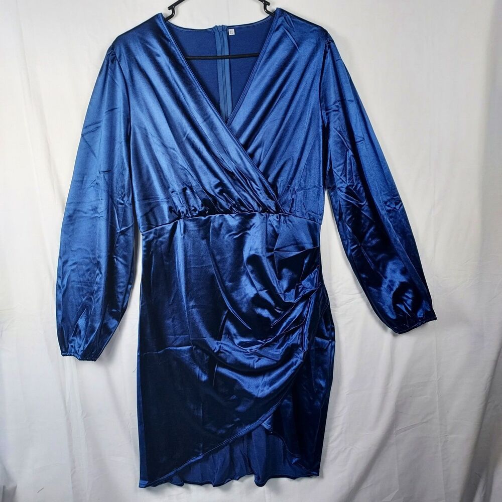 Yajedo Satin V-Neck Dress Size XL Blue Party/Cocktail Long Sleeve New
